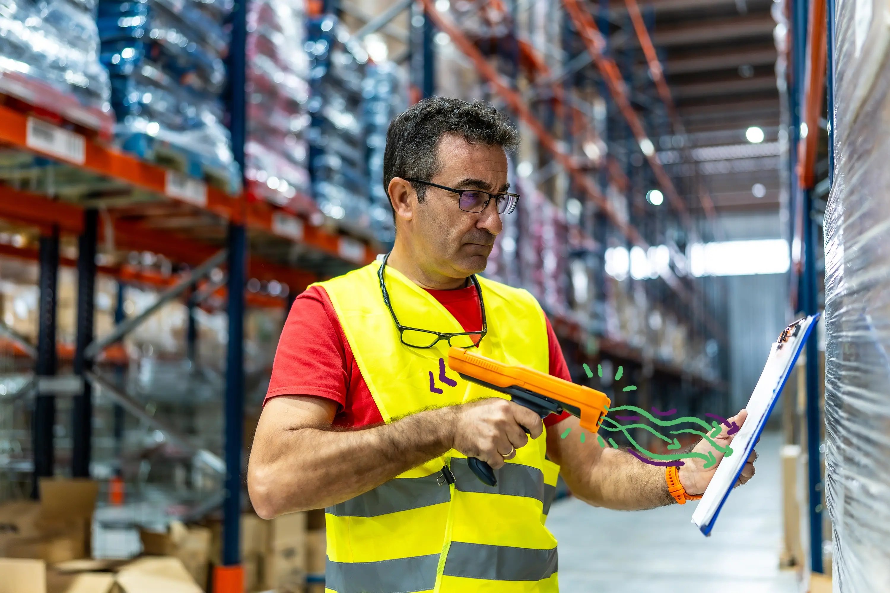 Hombre escaneando papeles con una máquina portátil, mientras está dentro del almacén, fomentando las estrategias logísticas en e-commerce.