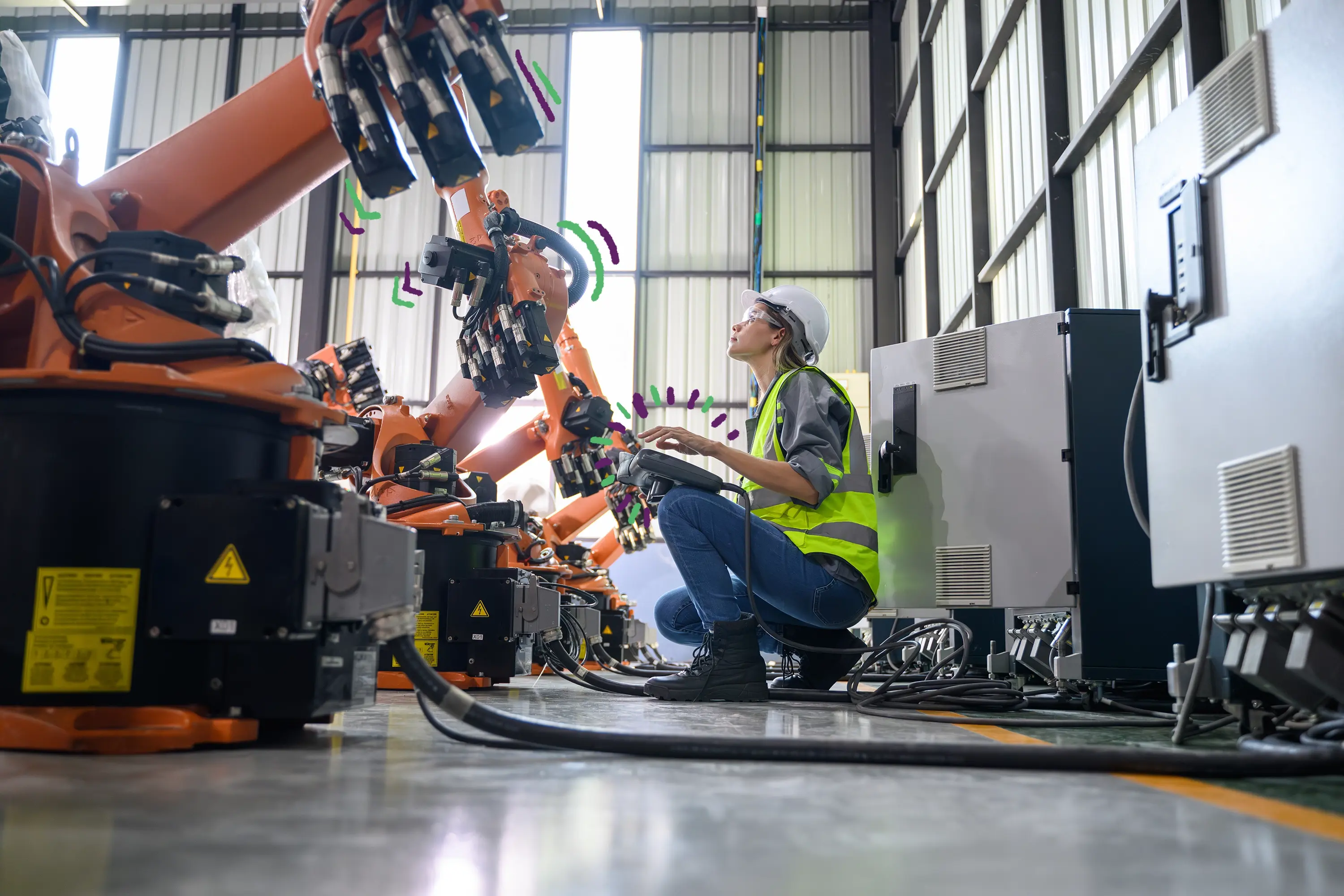 Sala con máquinas, donde mujer con implementos de seguridad revisa la automatización de la última milla. Y dibujos de líneas en diversas articulaciones de los robots.