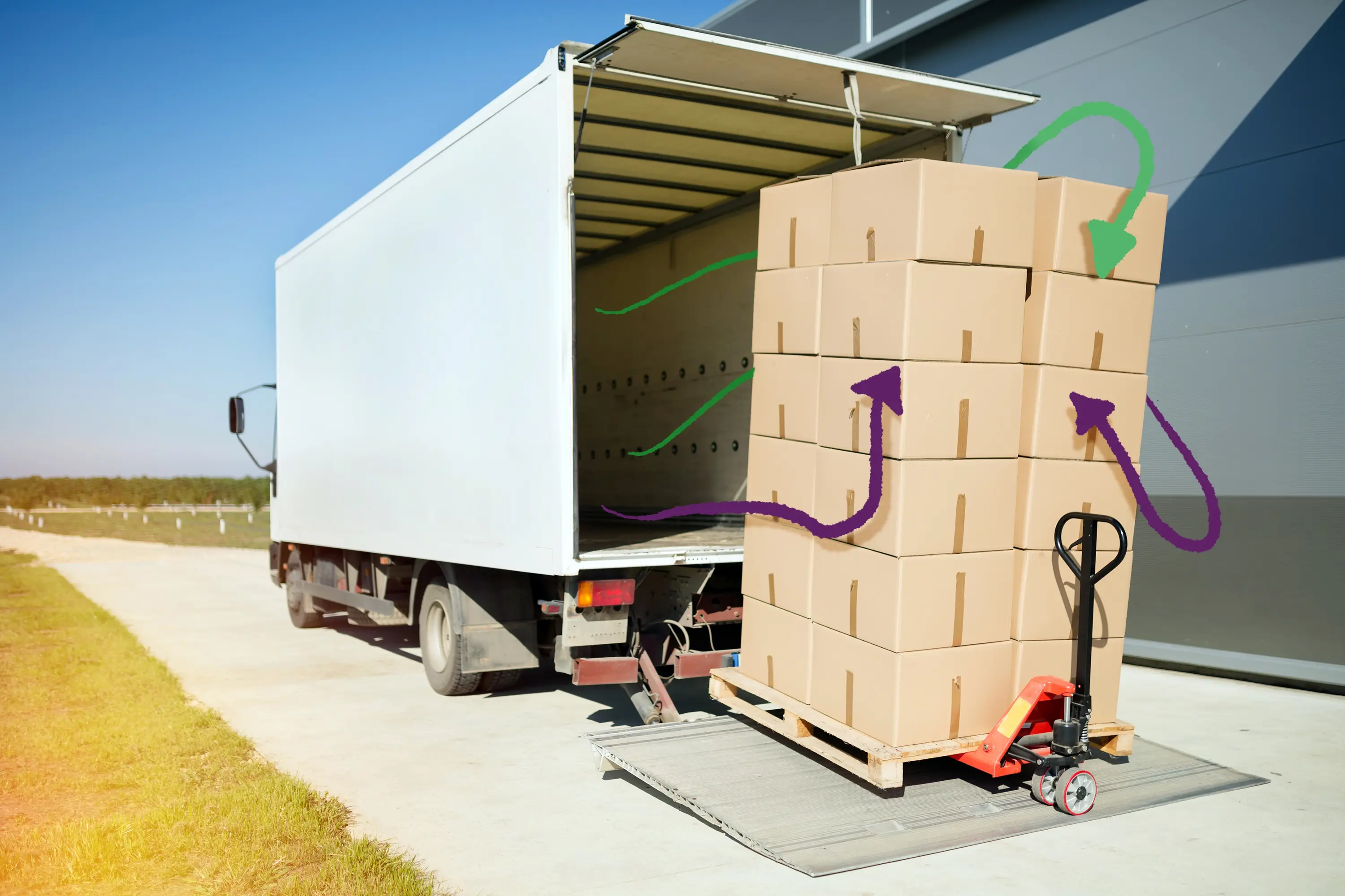 fotografía de un camión con su almacenaje abierto y un palet con cajas perfectamente ordenadas listas para acomodarse al vehículo, esto fomenta la reducción de costos en transporte de carga, dibujadas hay flechas verdes y moradas en alusión a la marca Pinit que van desde el interior del transporte hacia los paquetes.