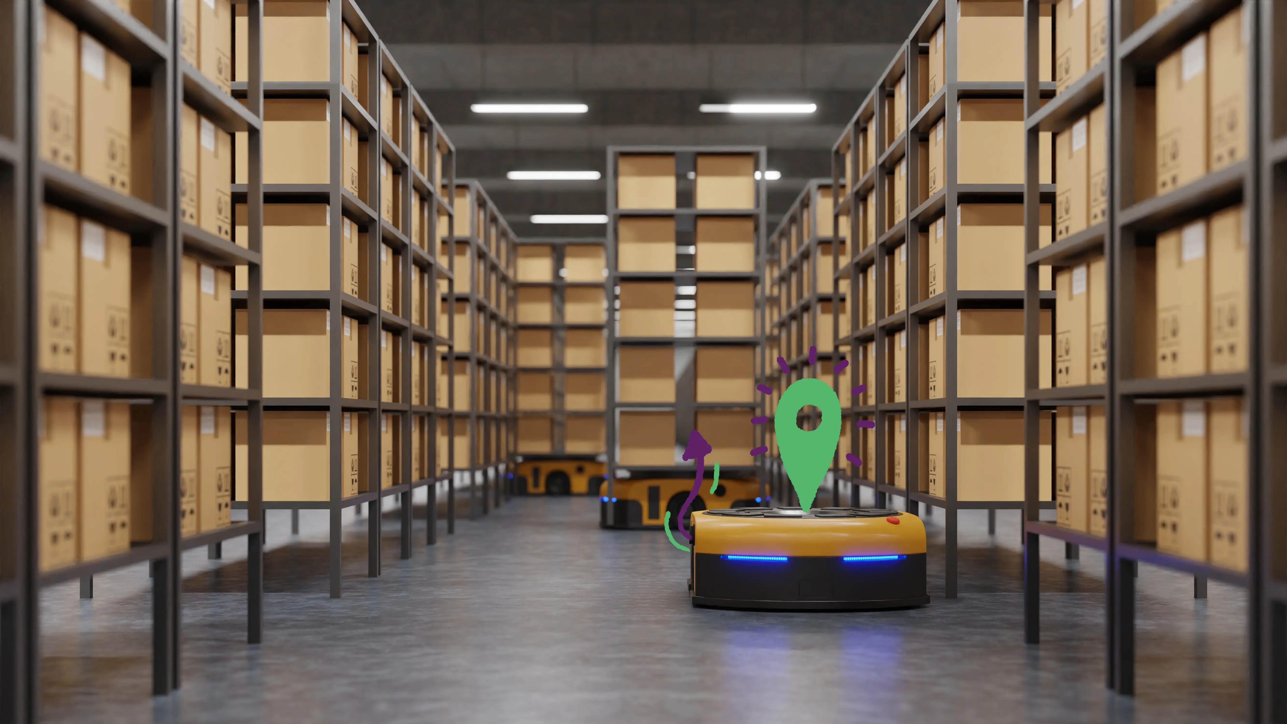 Robot autónomo con sistema de geolocalización operando en un almacén con estanterías llenas de cajas.
