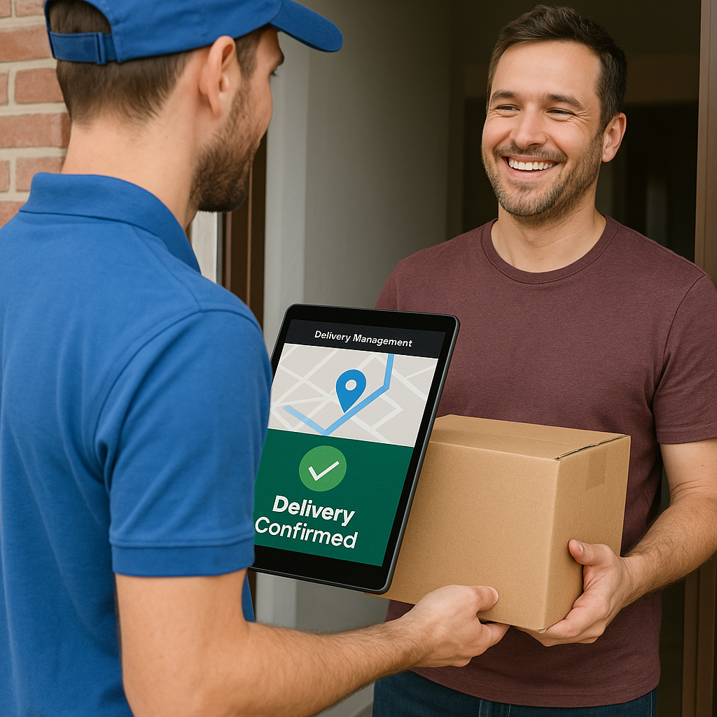 Imagen de un repartidor entregando un paquete a un