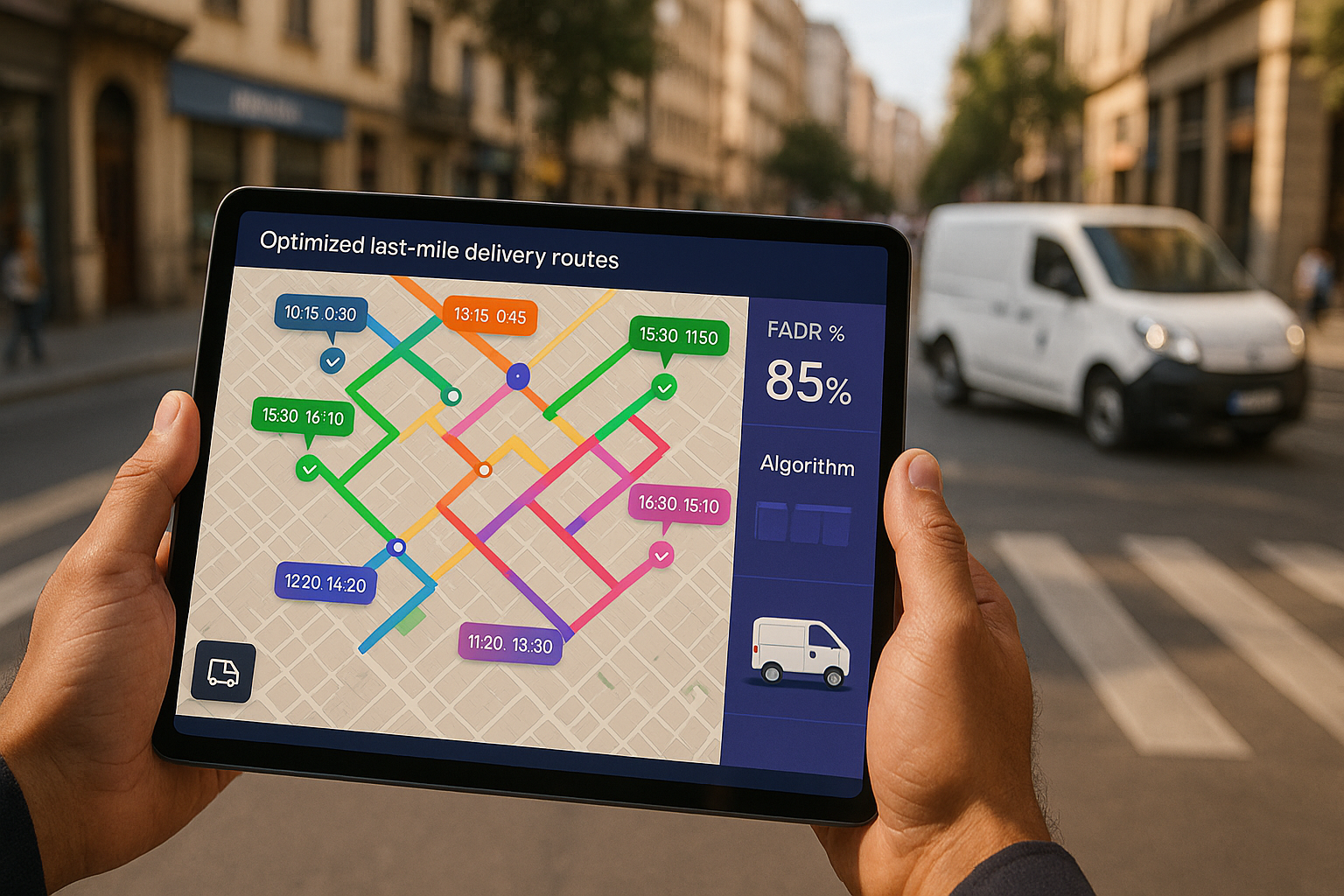 Mapa urbano con rutas optimizadas, ventanas de tiempo y confirmaciones de entrega en app de conductor, elevando FADR.